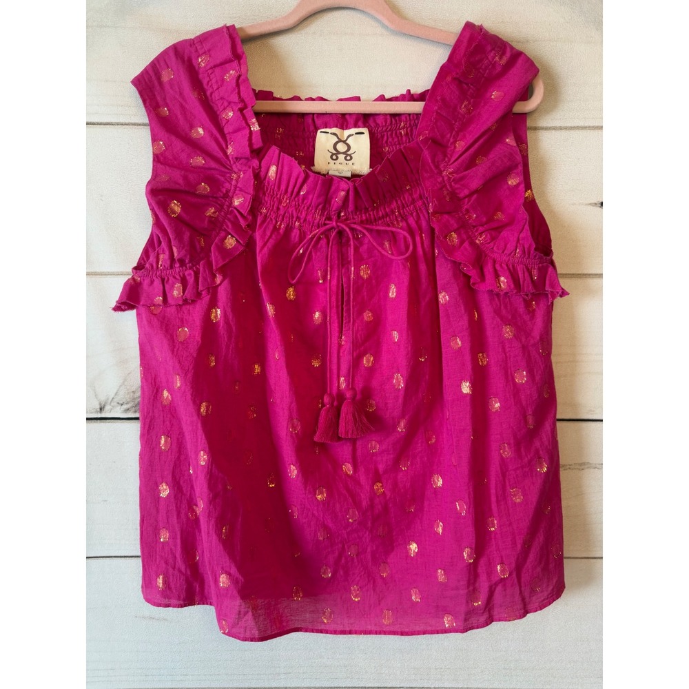 Figue Pink Gold Metallic Lurex Polka Dot Ruffle Tassel Boho Top Large